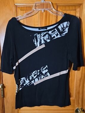 White House Black Market Black Top with Cream and White Graphic Stripes
